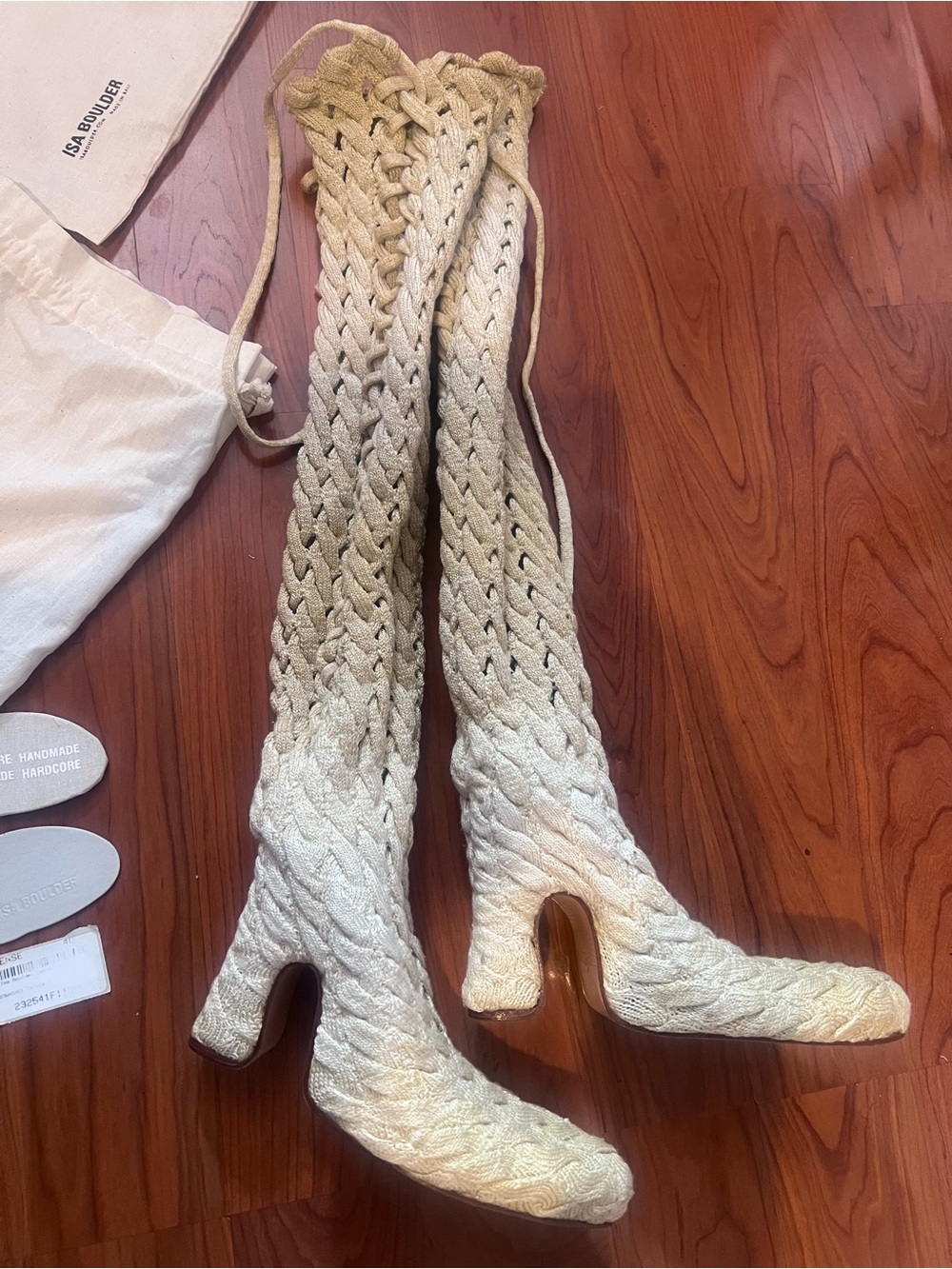 Isa Boulder Cream Crochet Over-the-Knee Braided Heel Boots